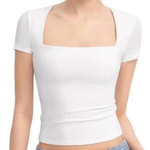 PUMIEY Women's Square Neck Short Sleeve T Shirts Sz M